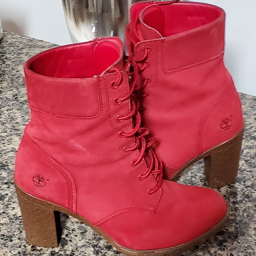 Timberland Red Lace-Up Leather Ankle Booties